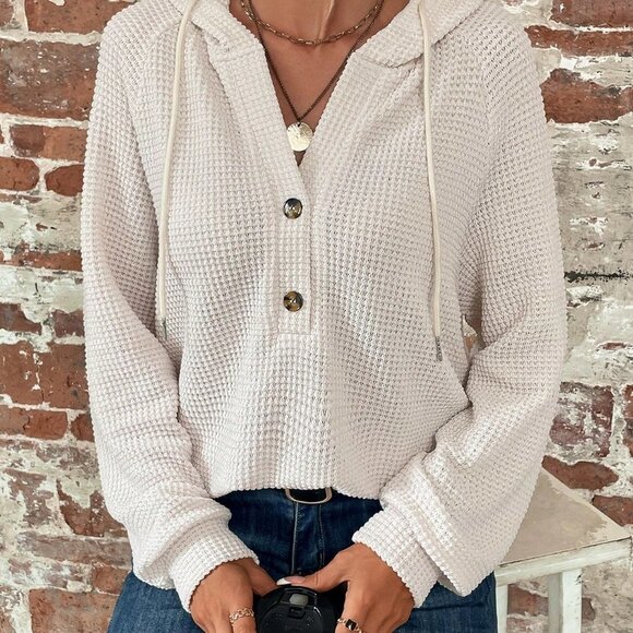 Apricot Casual Womens Half Button Raglan Sleeve Drawstring Hoodie - Picture 5 of 5